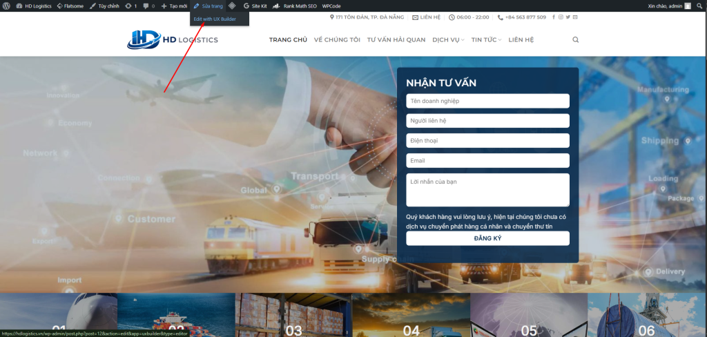 Nút Edit with UX Builder trên thanh admin bar
